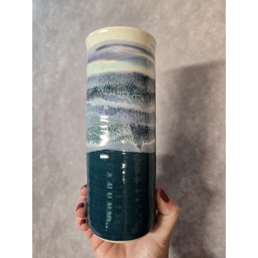 Handcrafted Signed Glazed Pottery Vase Mountain Scene Green Blue Purple White